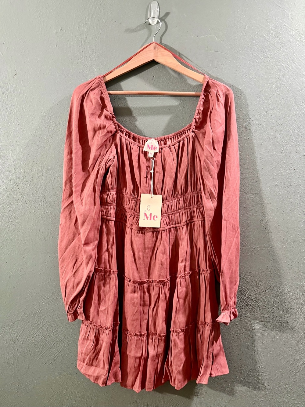 So Me Dusty Rose Long-Sleeve Tiered Mini Dress
